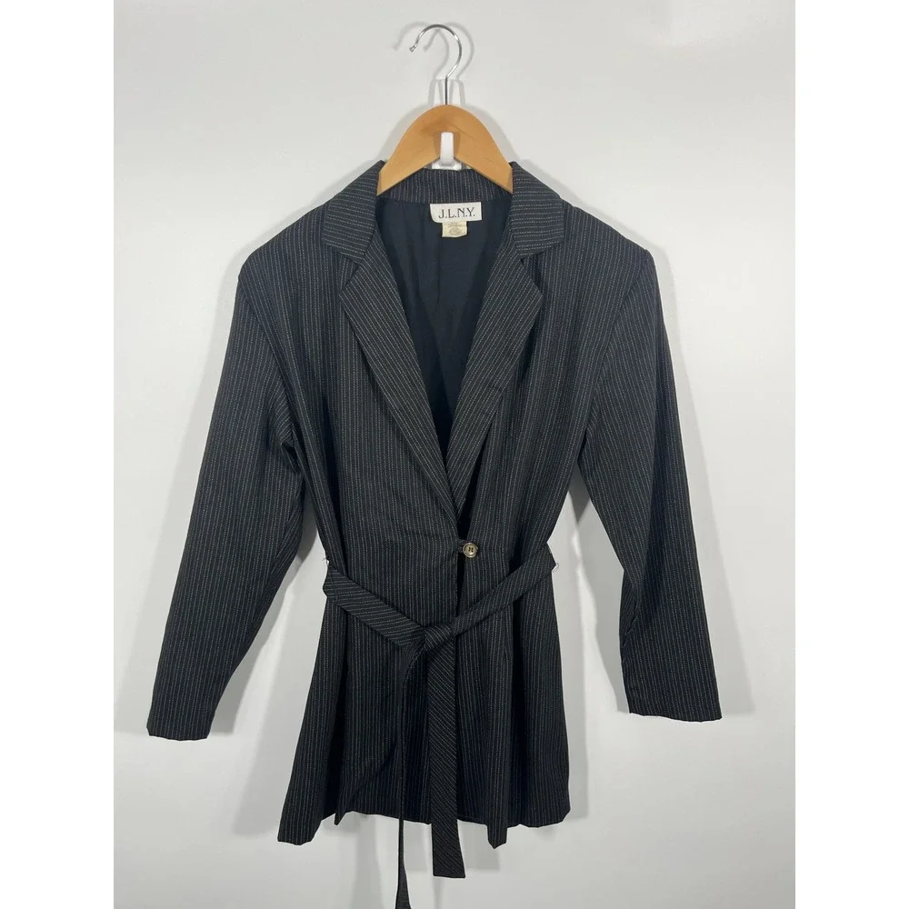 Vintage Womens Blazer S Grey Stripe Belted Chic Minimalist Office Capsule - Picture 1 of 7